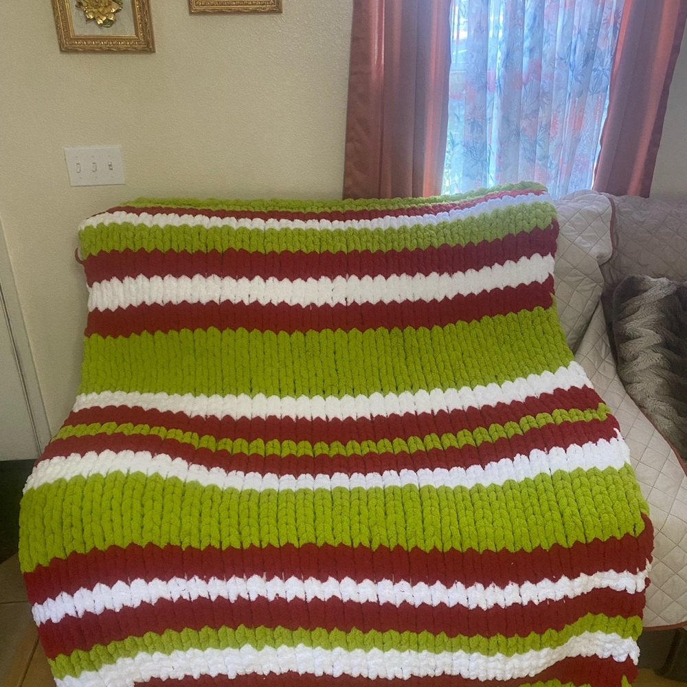 Striped Red, Green, and White Knit Blanket